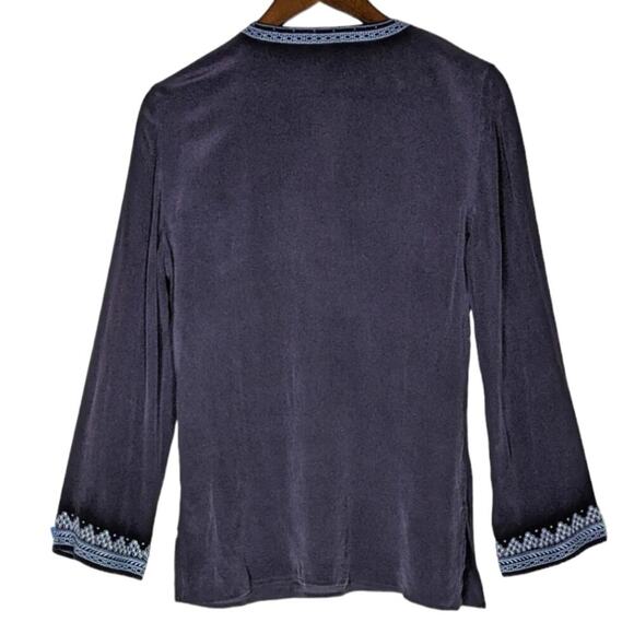 Ann Taylor 100% Silk Embroidered Tunic Blouse Top Navy Blue Top Medium Shirt - Picture 2 of 8